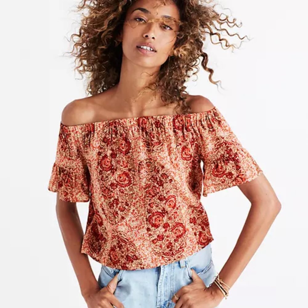 Madewell Silk Off The Shoulder Watercolor Paisley